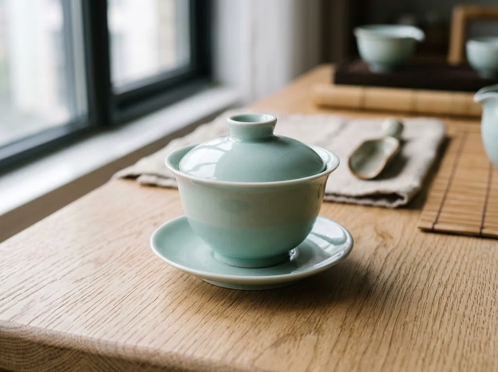 平價白瓷蓋碗特寫 — Budget white celadon gaiwan close-up