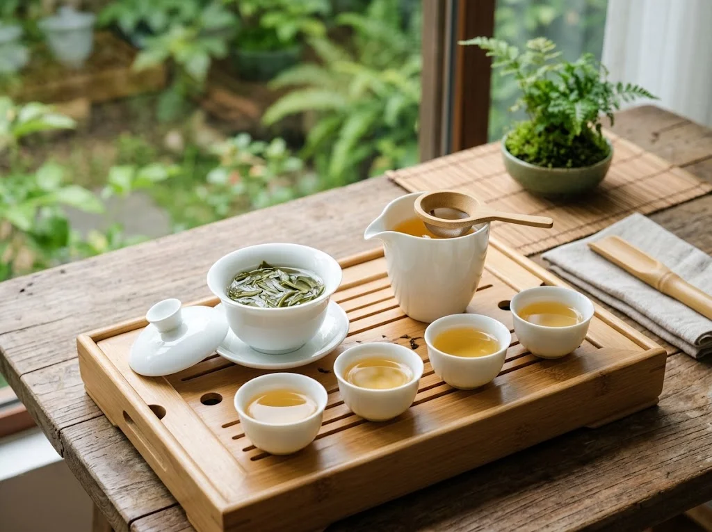 白瓷蓋碗入門組特寫 — White porcelain gaiwan starter set close-up
